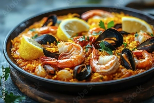 Fototapeta A detailed close-up photograph of a vibrant Spanish paella dish. The image showcases succulent shrimp, mussels, and lemon wedges on a bed of saffron-infused rice, garnished with fresh parsley.