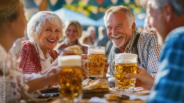 Fototapeta A group of seniors happily toasting with drinks at an outdoor festival, enjoying hearty laughter and the joyful, lively atmosphere of the celebration.