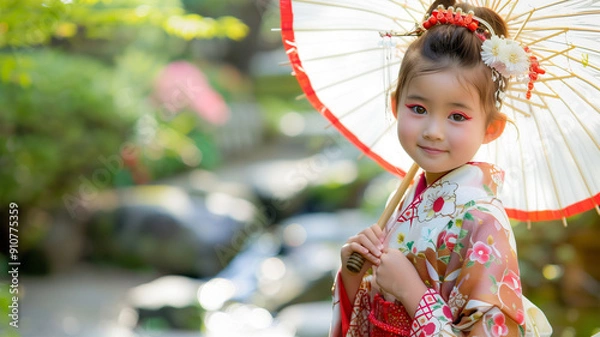 Fototapeta 日本庭園で優雅に立つ7歳の日本人女の子