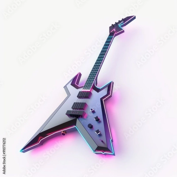Fototapeta 3D Render, Low Poly style of a sleek, futuristic electric guitar with neon accents, on isolated white background