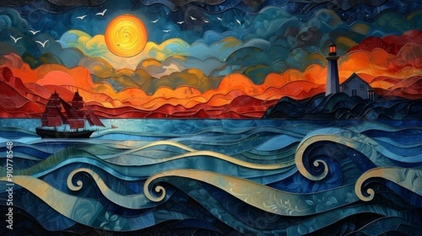 Fototapeta Artistic illustration of a seascape with a lighthouse, a sailing ship, and a sunset, created using a layered paper art technique.