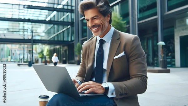 Obraz Smiling mature successful businessman working, typing on laptop sitting outdoors at office building