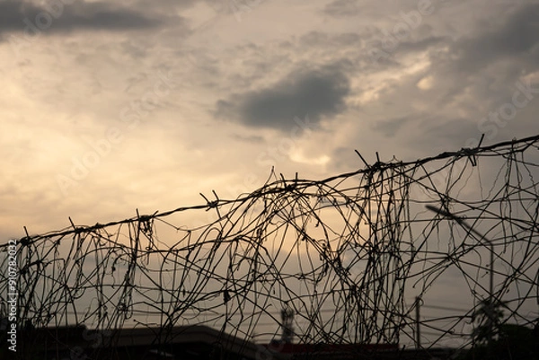 Obraz A wire fence with a lot of barbed wire on it. The sky is cloudy and the sun is setting