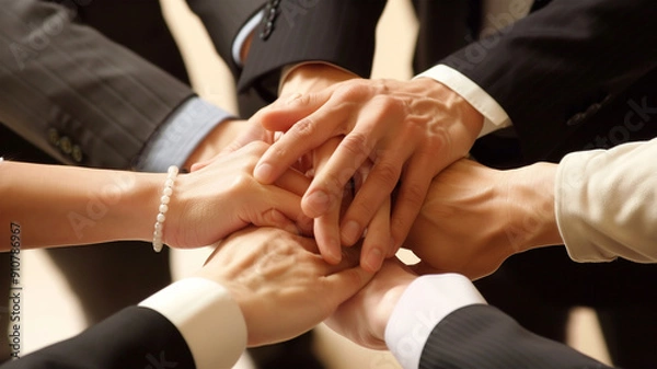 Fototapeta ビジネスシーンで一致団結する手