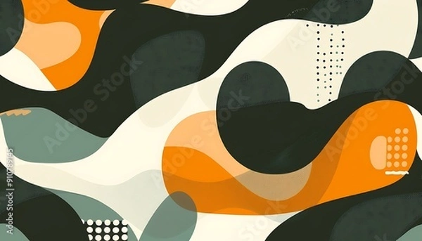 Fototapeta Abstract geometric pattern with green, orange, white, and black shapes.