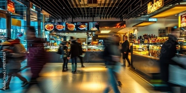 Fototapeta blurred motion of people walking in fast food restaurants, time-lapse shot