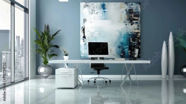 Fototapeta Modern minimalist office space with a clean desk and large abstract art