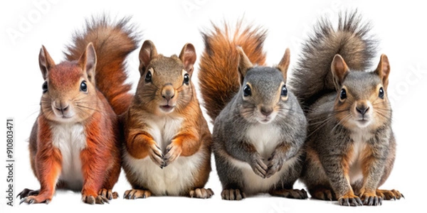 Fototapeta A group of squirrels in various colors: red, brown, and grey. Each squirrel is posed sitting with their bushy tails curled, showcasing their playful and alert nature