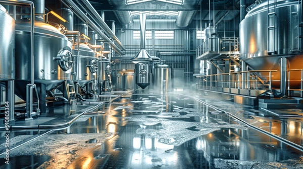 Fototapeta Advanced equipment and stainless steel tanks create an impressive atmosphere in this modern brewing facility, reflecting the artistry of beer production