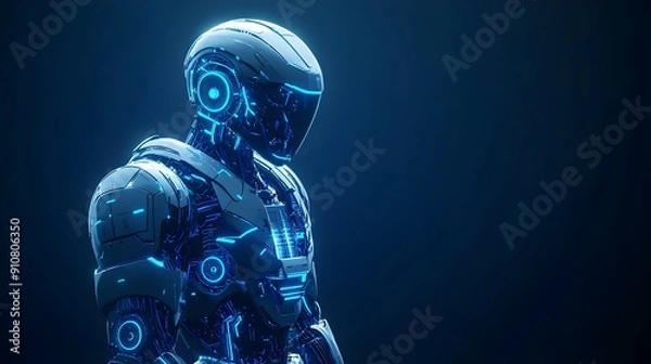 Fototapeta Sleek Metallic Robotic Humanoid Exoskeleton with Glowing Blue Circuitry in Dramatic Setting