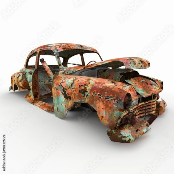 Fototapeta D Render, Low Poly style of rusty carwreck in a junkyard, on isolated white background