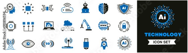 Obraz AI Information Technology icon set. Containing cloud computing, IT manager, big data, data analytics, internet, network security and more. Solid vector icons collection