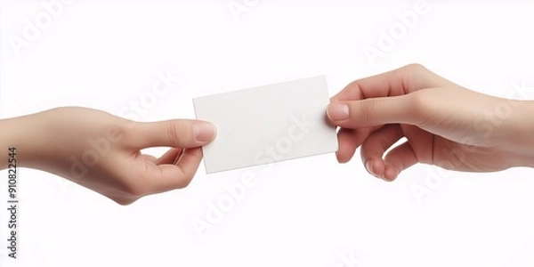 Fototapeta A hand handing over a blank business card to another hand, isolated on a white background.