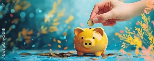 Obraz A hand putting a coin into a piggy bank