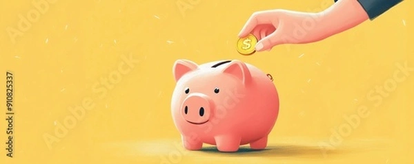 Obraz A cartoon of a hand putting a coin into a piggy bank
