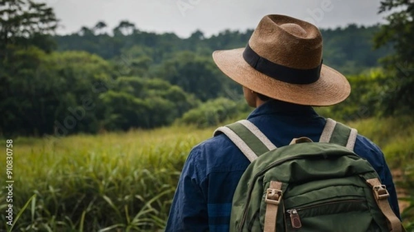 Fototapeta Back view traveller with hat and backpack