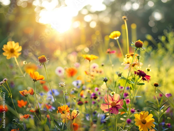 Fototapeta A field of flowers with a bright sun shining on them. generative ai.