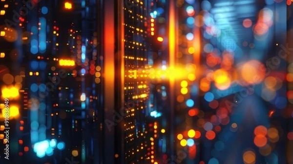 Fototapeta Server room processing data, intricate data flow, 3d, moody light, focus on server lights, ethereal, Multilayer, Hightech data center backdrop