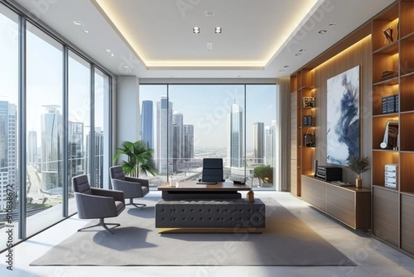 Fototapeta A spacious living room featuring a variety of furniture pieces and a large window providing ample natural light, Spacious business office with cityscape view, AI Generated