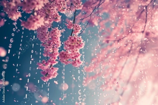 Fototapeta A tree with pink flowers gracefully bearing the raindrops falling on its petals, Spring cherry blossoms represented with falling binary numbers, AI Generated