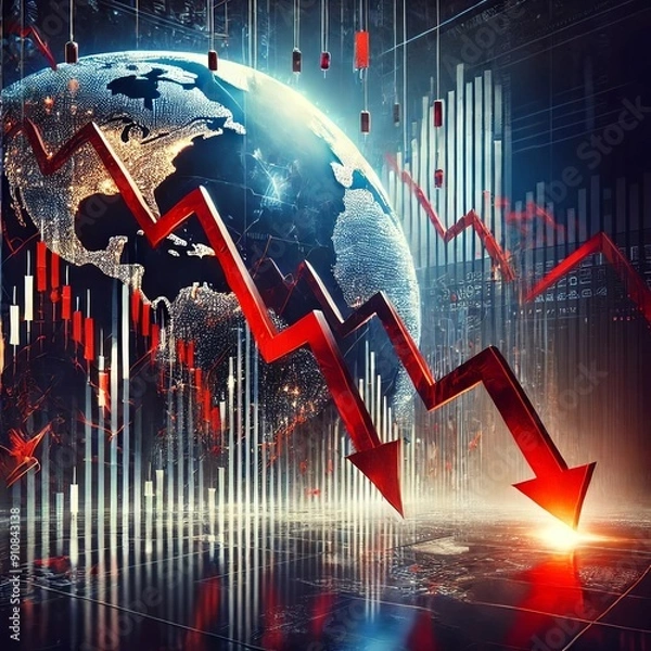 Fototapeta Global stock market crash with red arrows and financial graphs. Financial Crisis Concept. Recession.