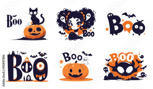 Fototapeta Halloween lettering Boo text vector cartoon illustration. Demon character, flying bats, cat, pumpkin, cute girl Halloween design.