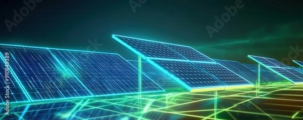 Fototapeta Futuristic solar panel energy concept with glowing technology interface.