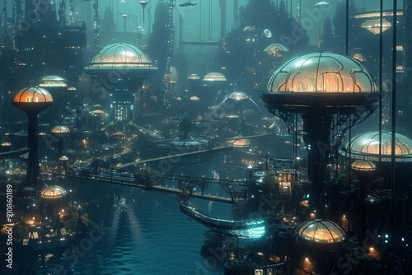 Fototapeta A Futuristic City at Night With Dazzling Lights, Underwater city with futuristic biodome buildings, AI Generated