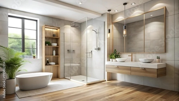Fototapeta Serene Minimalist Bathroom with a Walk-in Shower and Large Mirror  AI generated