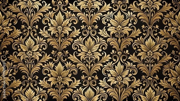 Fototapeta Opulent Victorian Floral Tapestry: A Black and Gold Seamless Pattern  AI Generated