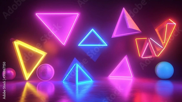 Obraz Geometric 3D shapes in bright neon colors, retro geometric 3D background, vibrant and eye catching