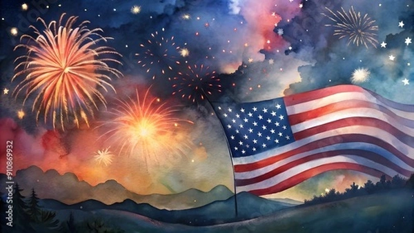 Obraz Watercolor painting celebrating USA Independence Day featuring fireworks and the US flag