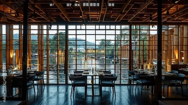 Fototapeta A modern floating restaurant serving luxury cuisine in, with a minimalistic interior, crowded with black dining tables and chairs that have dark gray metal legs. Generative AI.