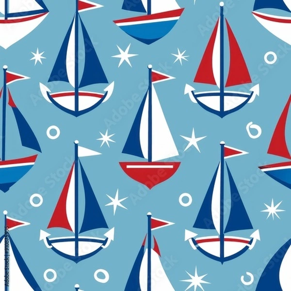 Fototapeta Seamless pattern of sailboats and anchors, perfect for a nautical summer theme