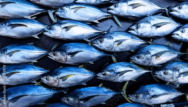 Fototapeta Freshly caught tunas lie next to each other in a symmetrical pattern as a background.