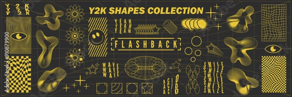 Fototapeta Abstract geometry hud wireframe shapes and patterns, cyberpunk elements, icon s and perspective grid s. Surreal geometric signs. Rave psychedelic futuristic Y2k acid aesthetic set. Vector illustration