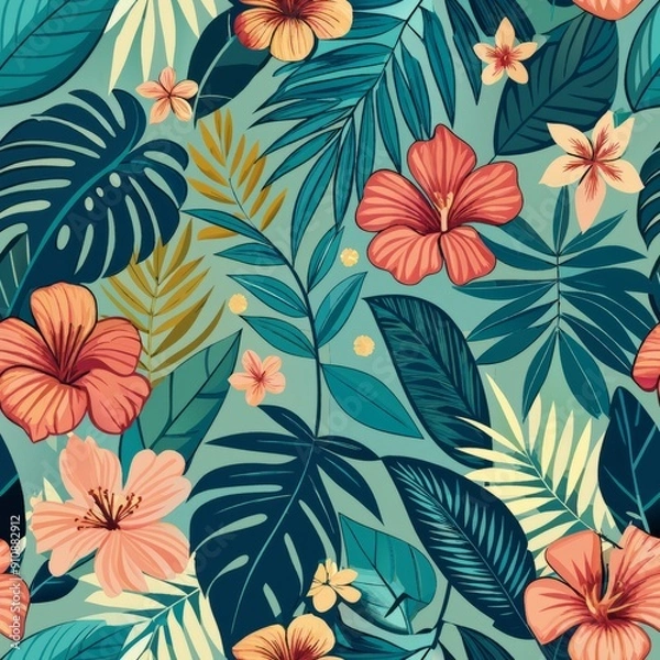 Fototapeta Seamless pattern of tropical leaves and hibiscus flowers, for a lush island-inspired motif
