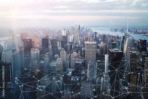 Fototapeta Cityscape with network connection overlay, illustrating digital connectivity and urban infrastructure.