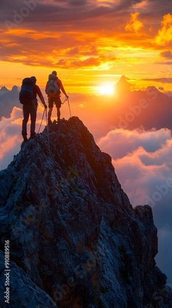 Fototapeta Teamwork and Support Guiding Hikers to Mountain Summit During Dramatic Sunset