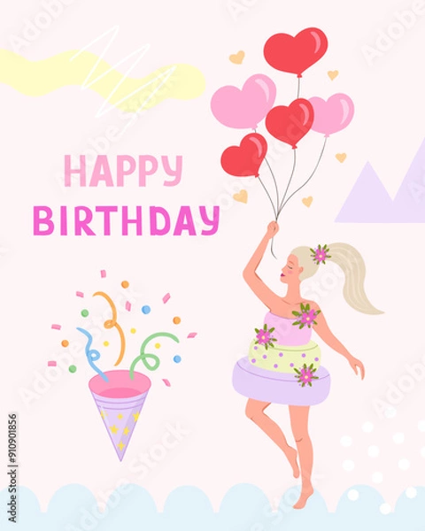 Obraz Happy birthday greeting card, woman with balloons. Vector Illustration for printing, backgrounds and packaging. Image can be used for posters, stickers and textile. Isolated on white background.
