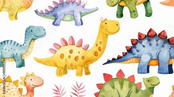 Fototapeta Brightly colored dinosaurs create a playful watercolor pattern, perfect for kids fabrics and digital designs, adding fun to any project.