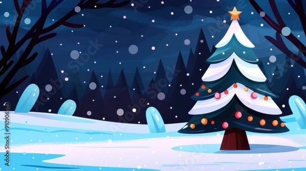 Fototapeta A cheerful winter scene features a snowy forest and a brightly lit Christmas tree. Perfect for holiday vibes