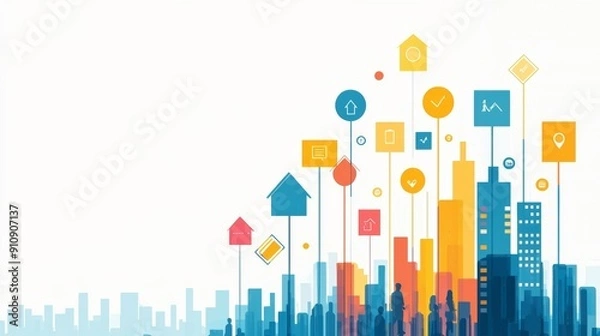 Obraz Colorful cityscape with growth icons, representing technology, urban development, and innovation in a modern landscape.