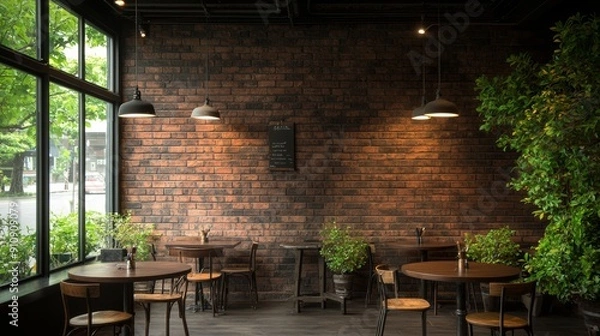 Obraz Cozy interior of a modern cafe with brick wall, wooden tables, and greenery, creating a warm and inviting atmosphere for guests.
