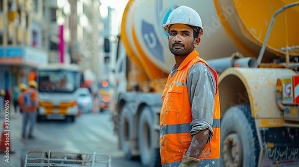 Obraz Construction Worker in Front of Concrete Mixer Truck