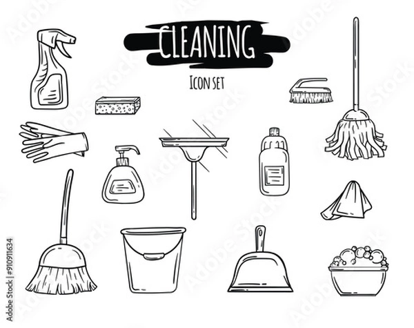 Fototapeta Cleaning icons set. Black and white vector editable illustration of cleaning supplies, tools and items