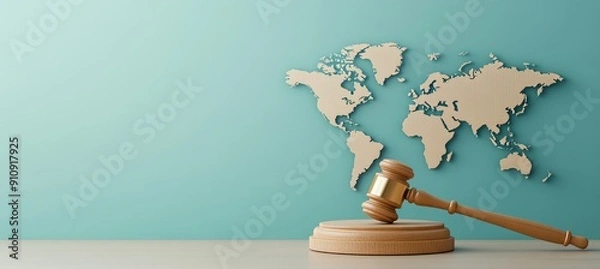 Fototapeta A map of the world with a gavel placed on it, representing international law