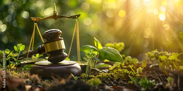 Fototapeta Global Values Unite Gavel and Green Eco Earth Globe A Concept Symbolizing International Law 