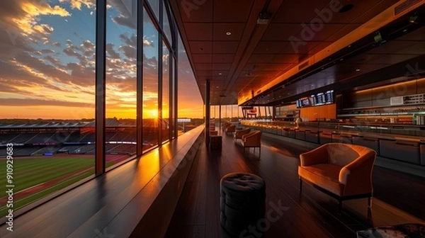 Fototapeta Panoramic View of Lavish VIP Lounge at a Sports Stadium During Breathtaking Sunset