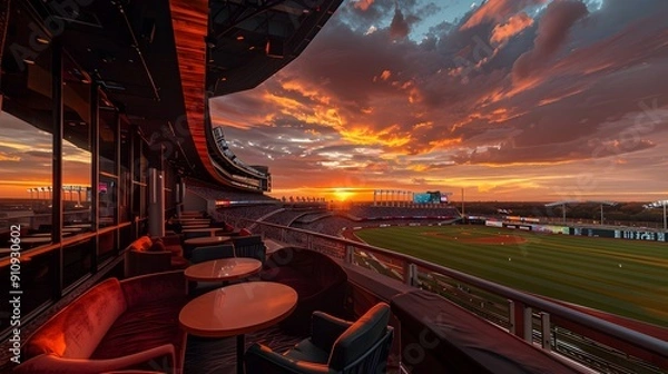 Fototapeta Dramatic sunset view from the VIP lounge of a high end stadium arena